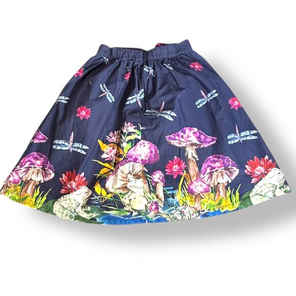 ModCloth Skirt Frogs Mushrooms Dragonflies  Animal Print A-line Size Small Navy - Picture 6 of 12